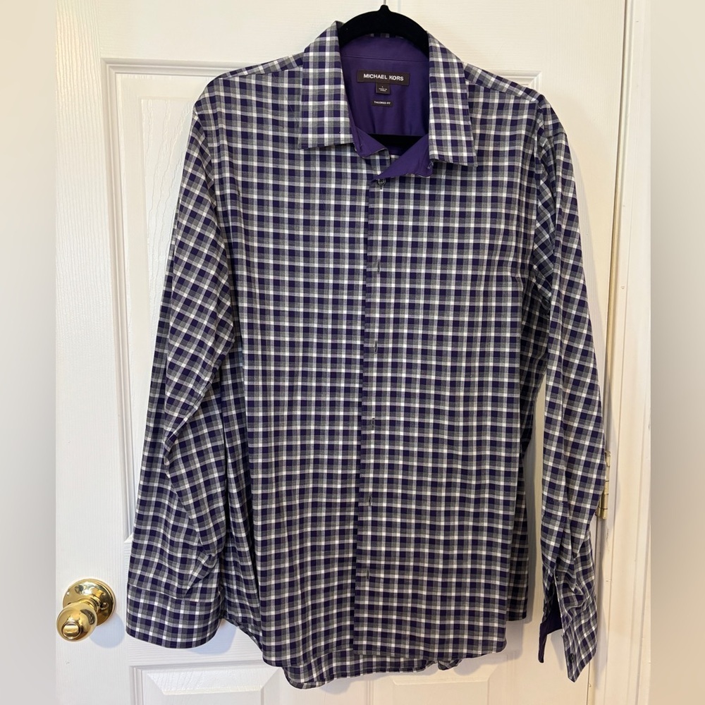 Michael Kors Tailored Fit Men’s Purple Black And Gray Plaid Shirt Size Large